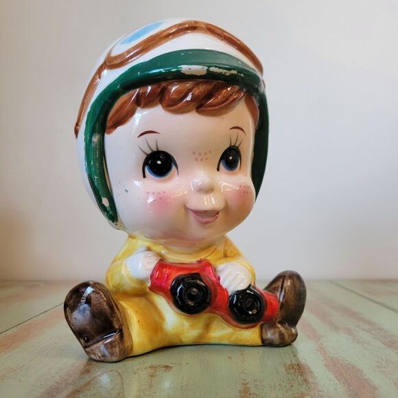 Vintage Freckled Little Boy with Helmet, Goggles, & Red Car Planter - 1960's - Picture 3 of 16